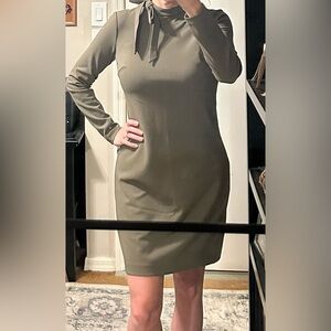 Calvin Klein Long Sleeve Crepe Shift Dress with Bow-Tie Neck in Olive Green